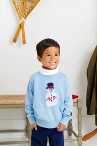 The Beaufort Bonnet Company Boy's Isaac Intarsia Sweater in beale street blue with snowman intarsia - kids' sweater
