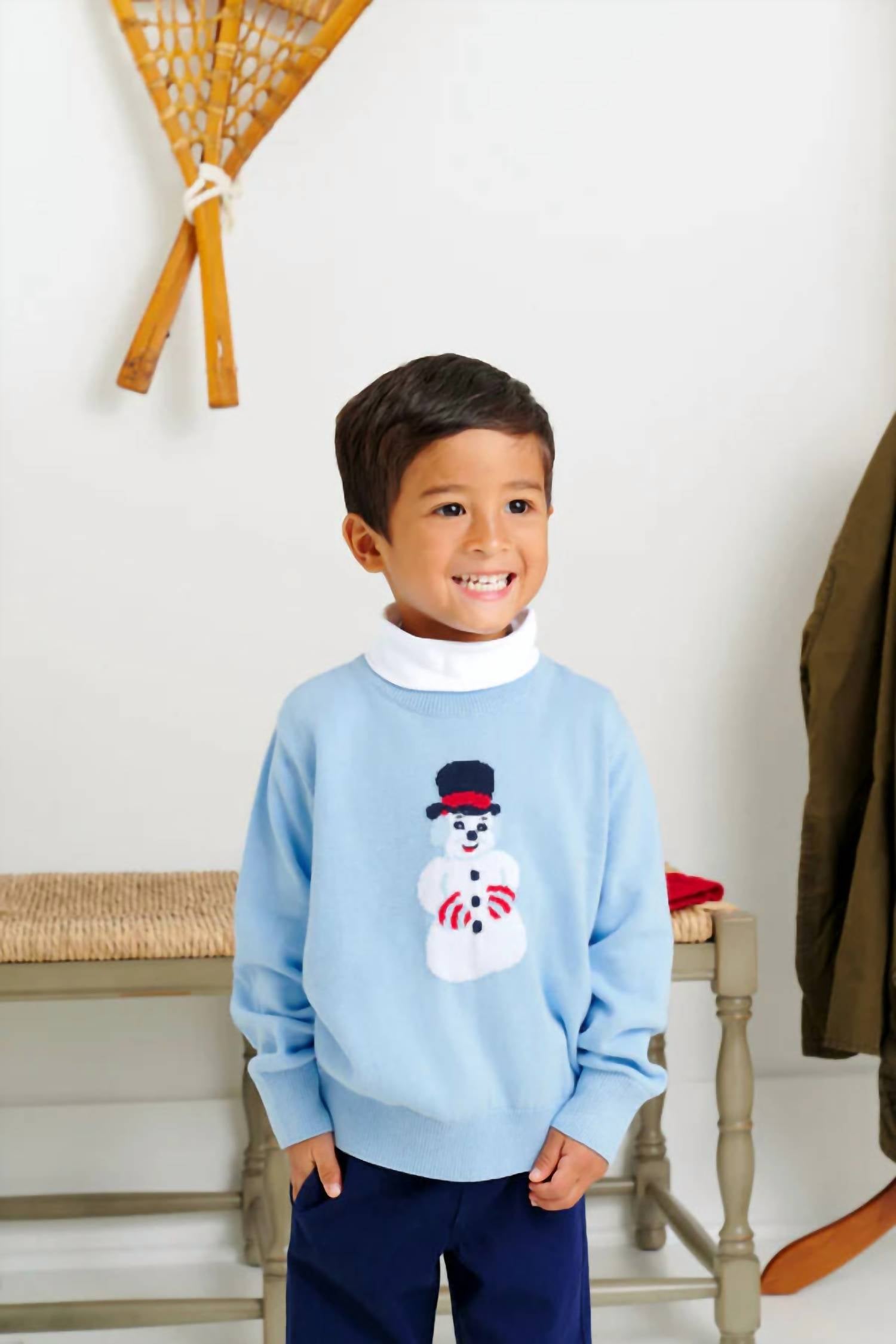 The Beaufort Bonnet Company Boy's Isaac Intarsia Sweater in beale street blue with snowman intarsia - kids' sweater