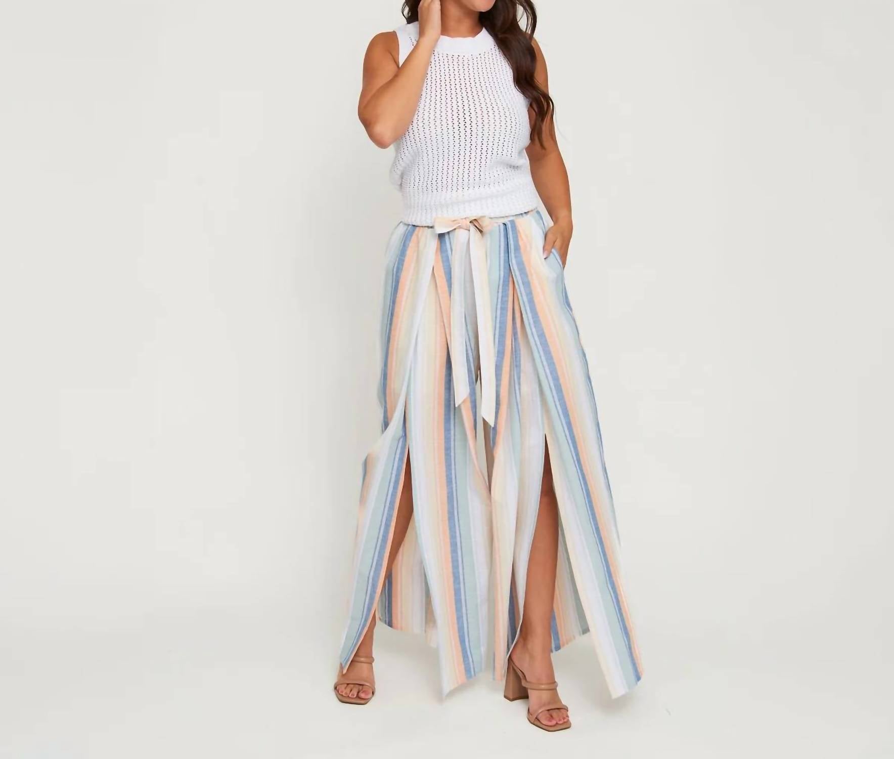 Elsie & Zoey - Wynn Open Slit Striped Tie Waist Wide Leg Pants