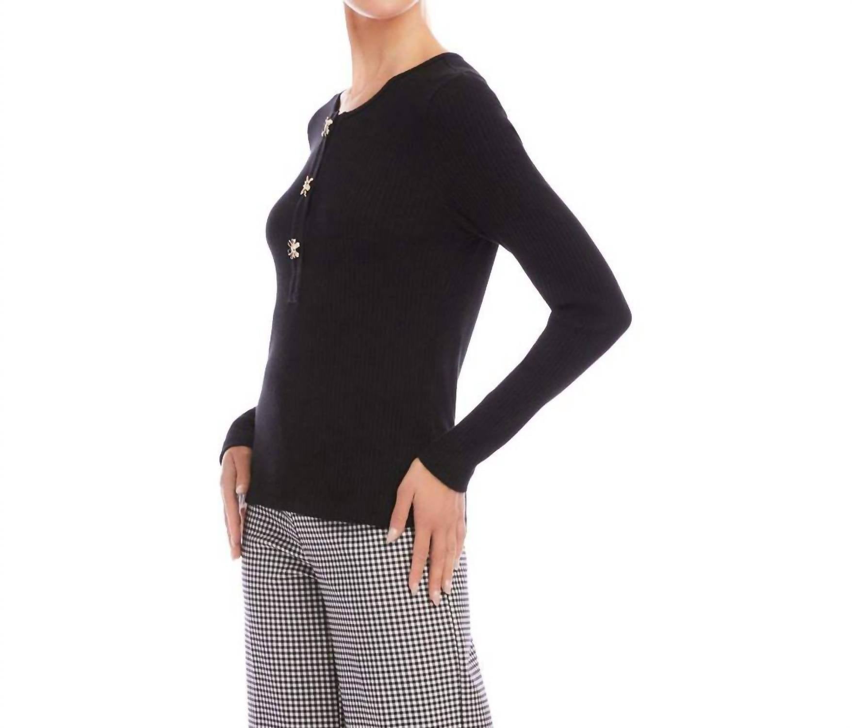 Karen Kane Long Sleeve Ribbed Flower Button Detail Top in black - women's long sleeve top - detail view