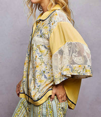 POL Oversized Floral Button Up Top in lemon multi - women's blouse - alternate view