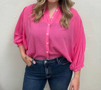 WISHLIST Button Up Peasant Blouse in hibiscus - women's blouse