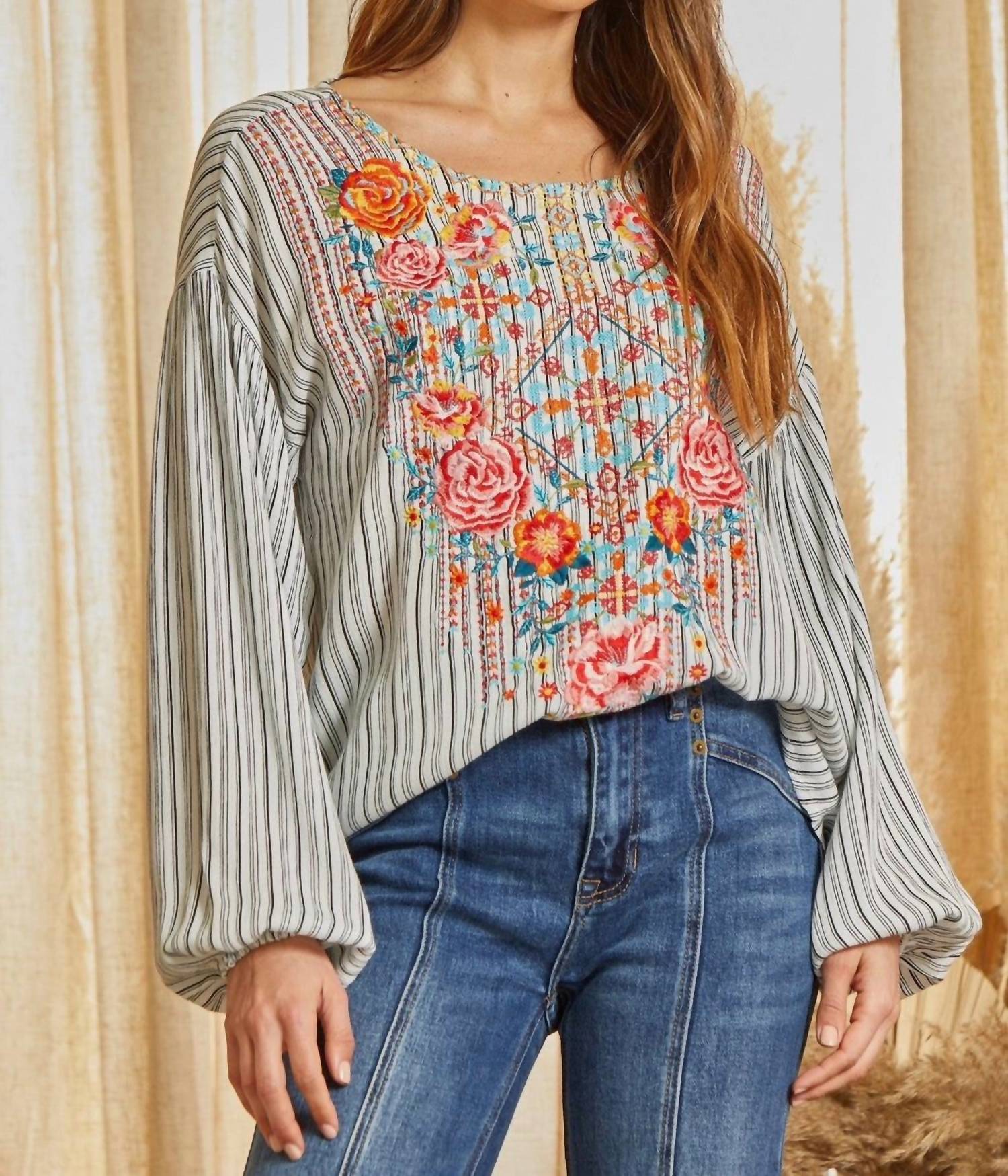 Andree By Unit - Embroidered Striped Top
