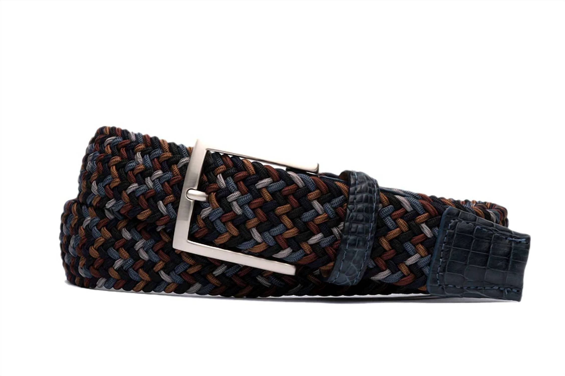 W. Kleinberg Stretch Belt with Croc Tabs and Brushed Nickel Buckle in riverside - men's accessory