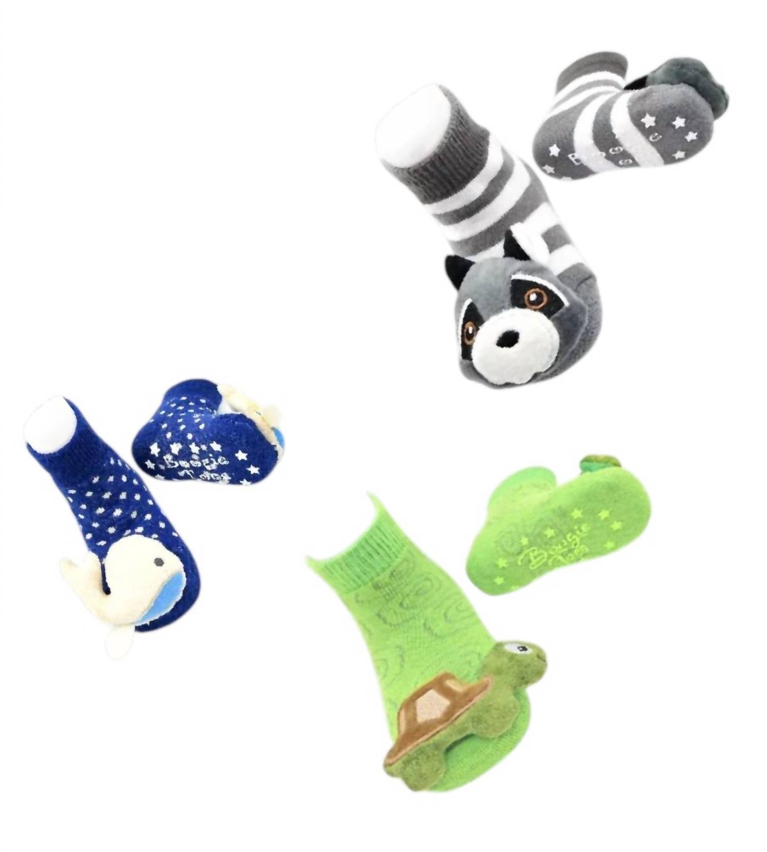 Liventi Inc. Kids Boogie Toes Rattle Socks - Set Of 3 in baby whale green turtle clever racoon - kids' accessory - detail view