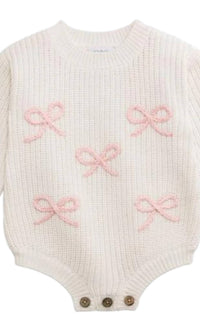 mudpie Girls Bow Chainstitch Sweater Bubble in white - kids' sweater - detail view