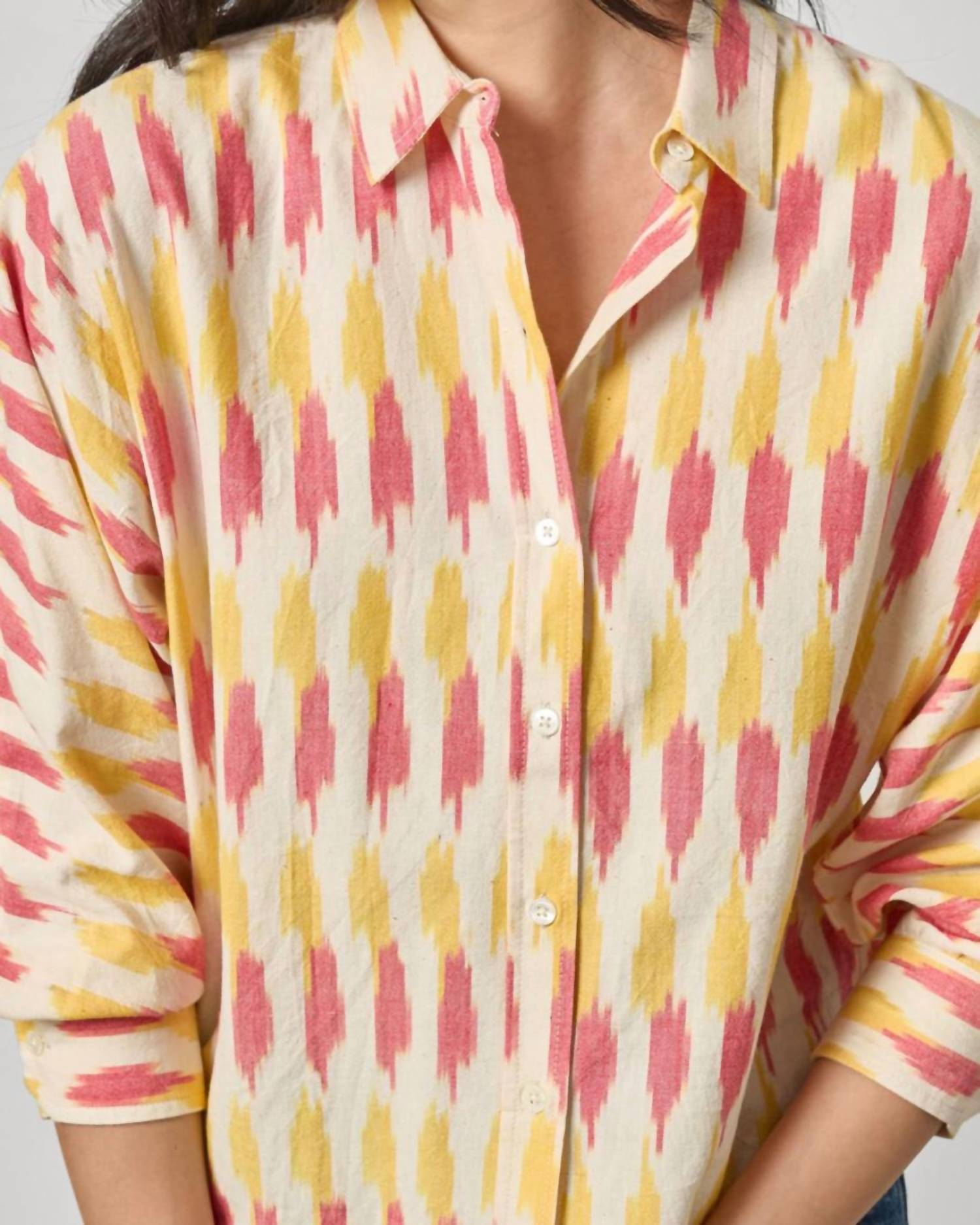 Lilla P Dolman Button Down Top in taffy ikat - women's blouse - detail view