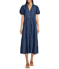 Apny - Puff Sleeve Tiered Denim Dress