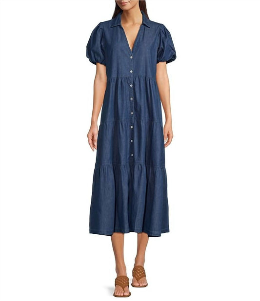 Apny - Puff Sleeve Tiered Denim Dress