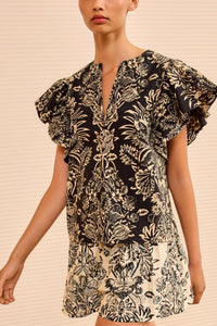 Ulla Johnson Severine Flutter Sleeve Top in noir flora - women's blouse