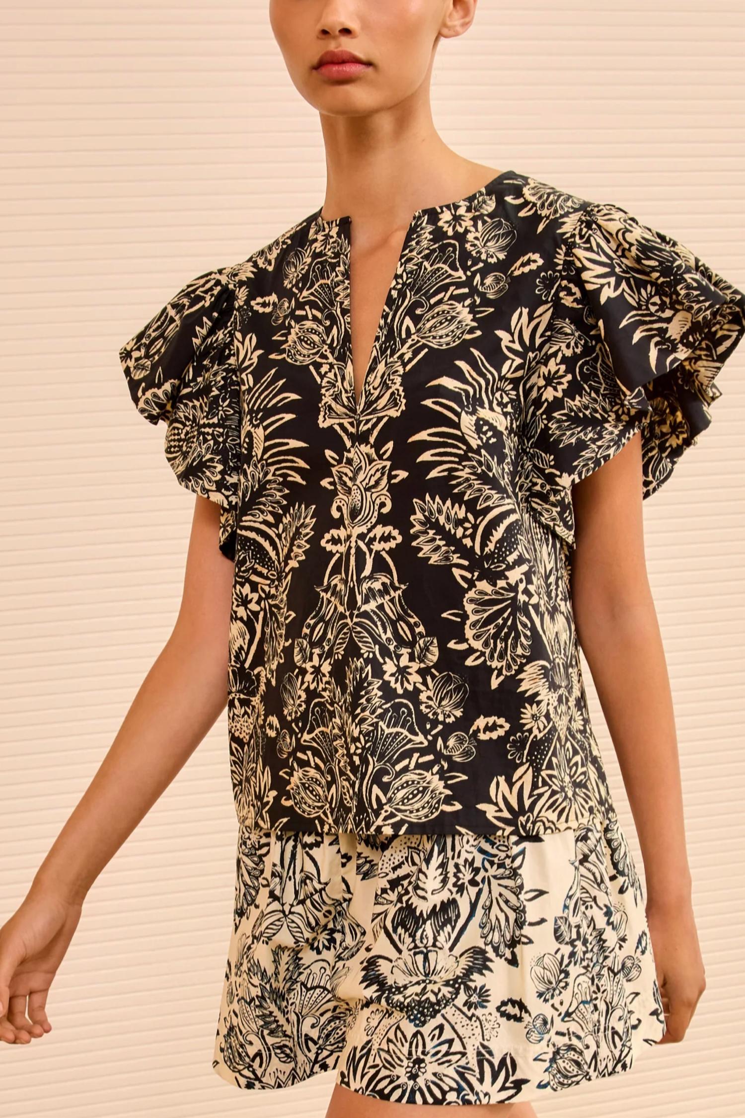 Ulla Johnson Severine Flutter Sleeve Top in noir flora - women's blouse