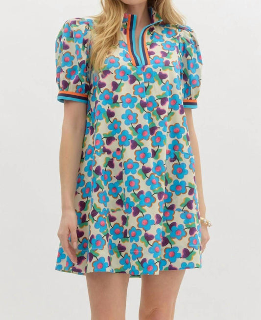 Entro - Floral Puff Sleeve Mini Dress With Contrast Trim And Pockets