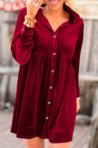 Dear Lover - Long Sleeve Ruffle Velvet Button Up Dress