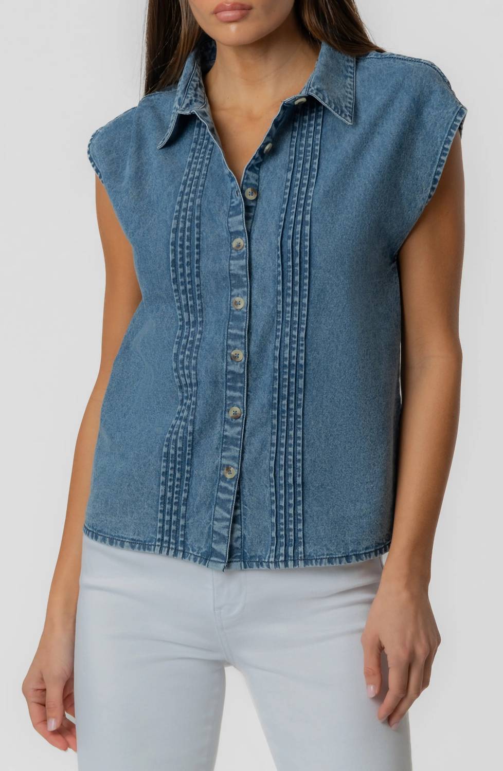Kut From The Kloth - Penelope Pintuck Cap Sleeve Denim Shirt