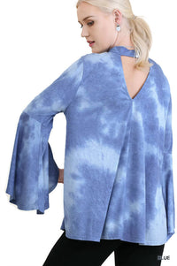 umgee Tie Dye Bell Sleeve Top in blue - women's blouse - alternate view