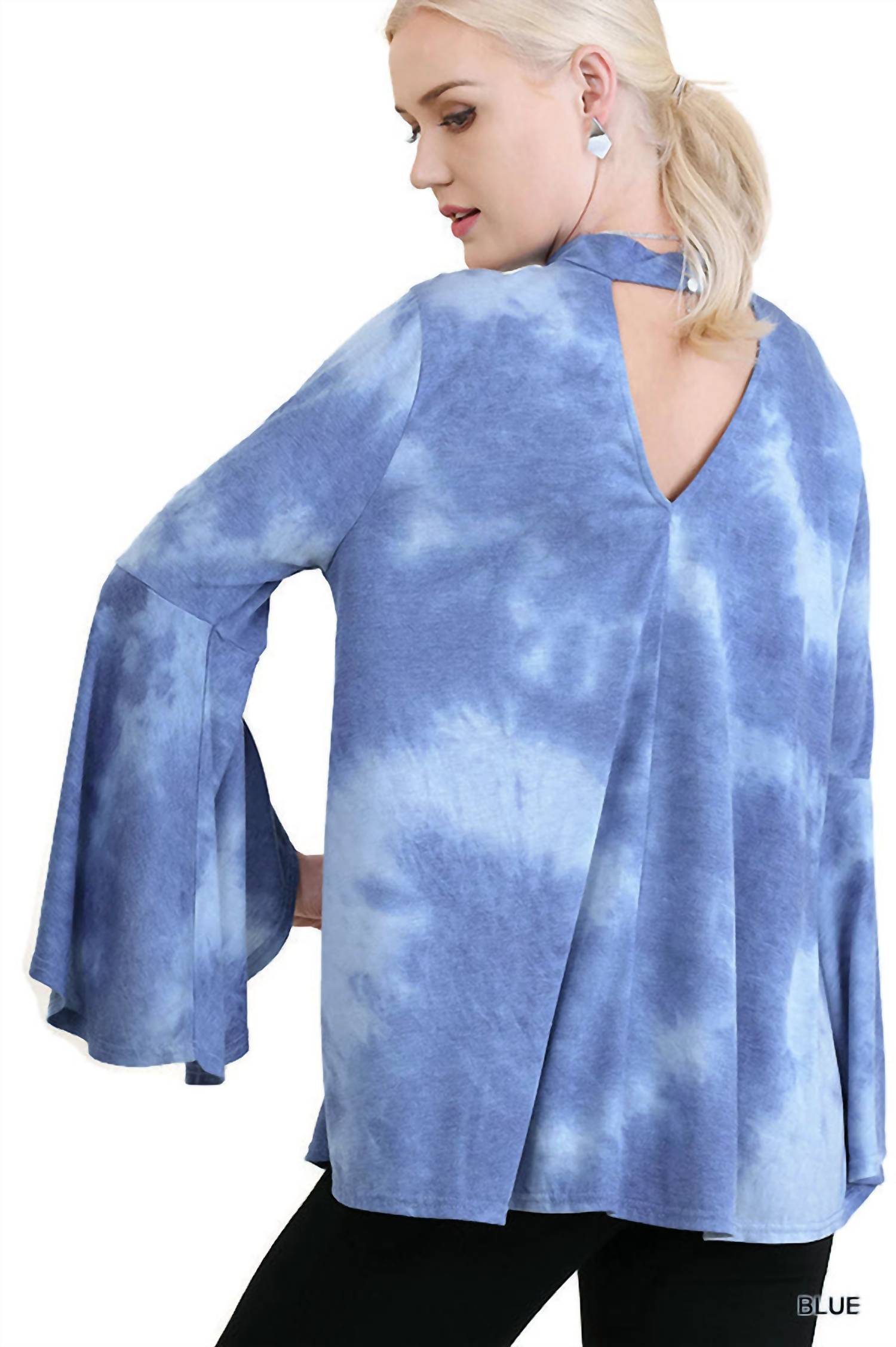 umgee Tie Dye Bell Sleeve Top in blue - women's blouse - alternate view