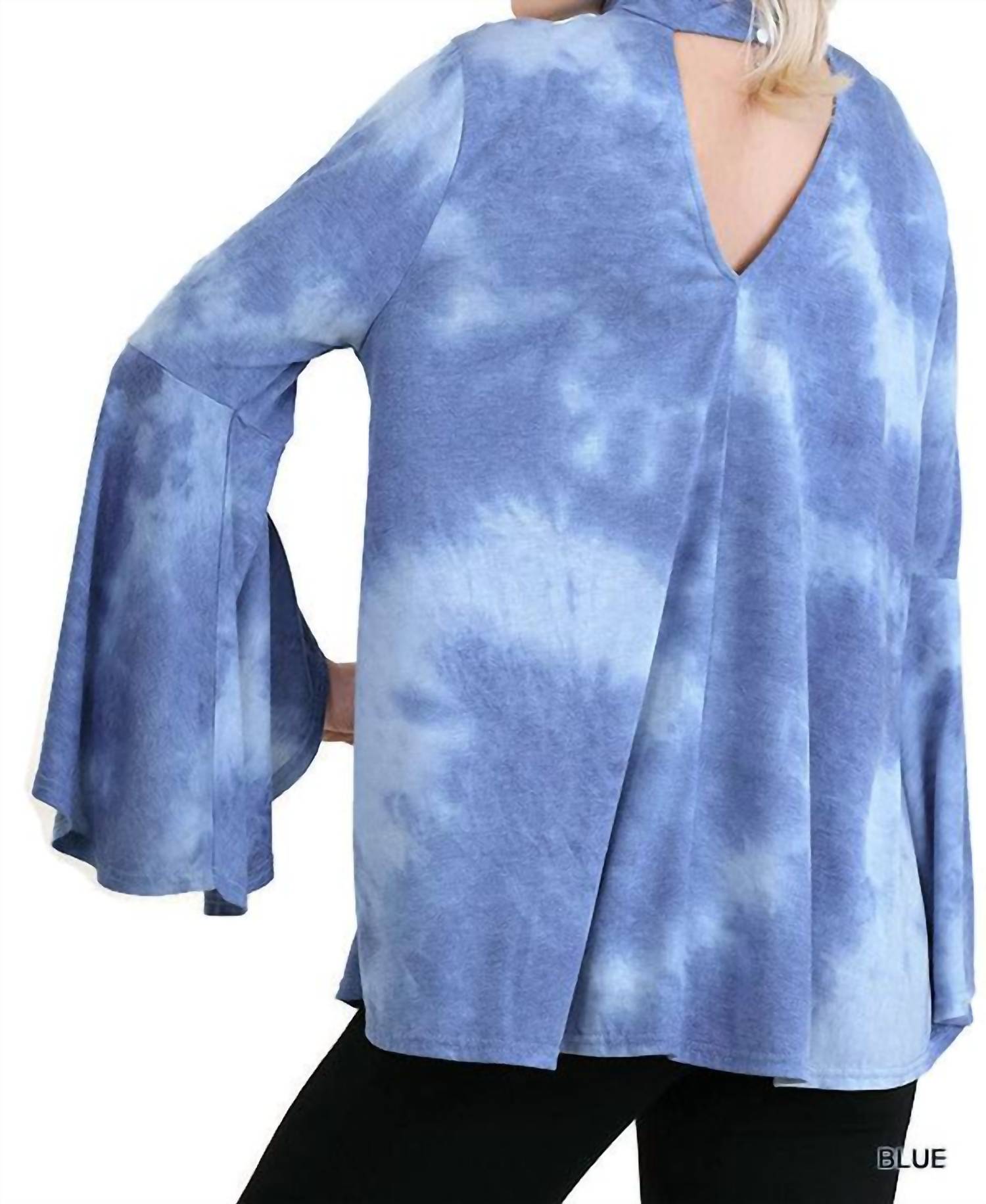umgee Tie Dye Bell Sleeve Top in blue - women's blouse - detail view