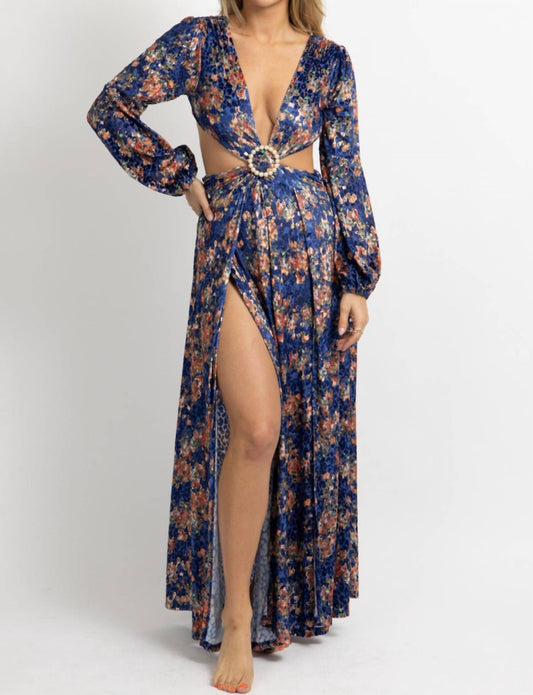 FLORAL VELVET SLIT MAXI DRESS