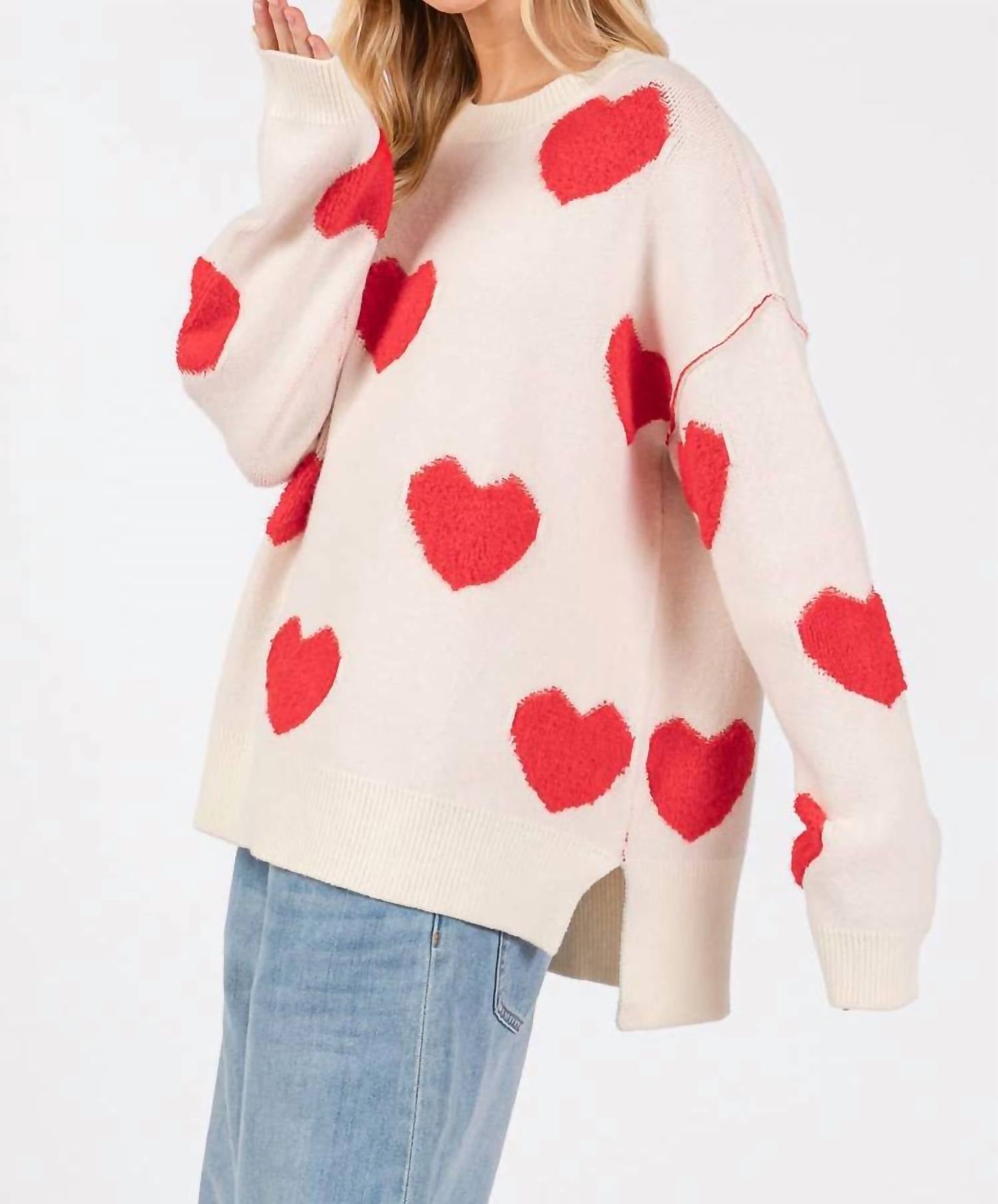 Sewn And Seen - Oversized Valentine Side Slit Heart Sweater