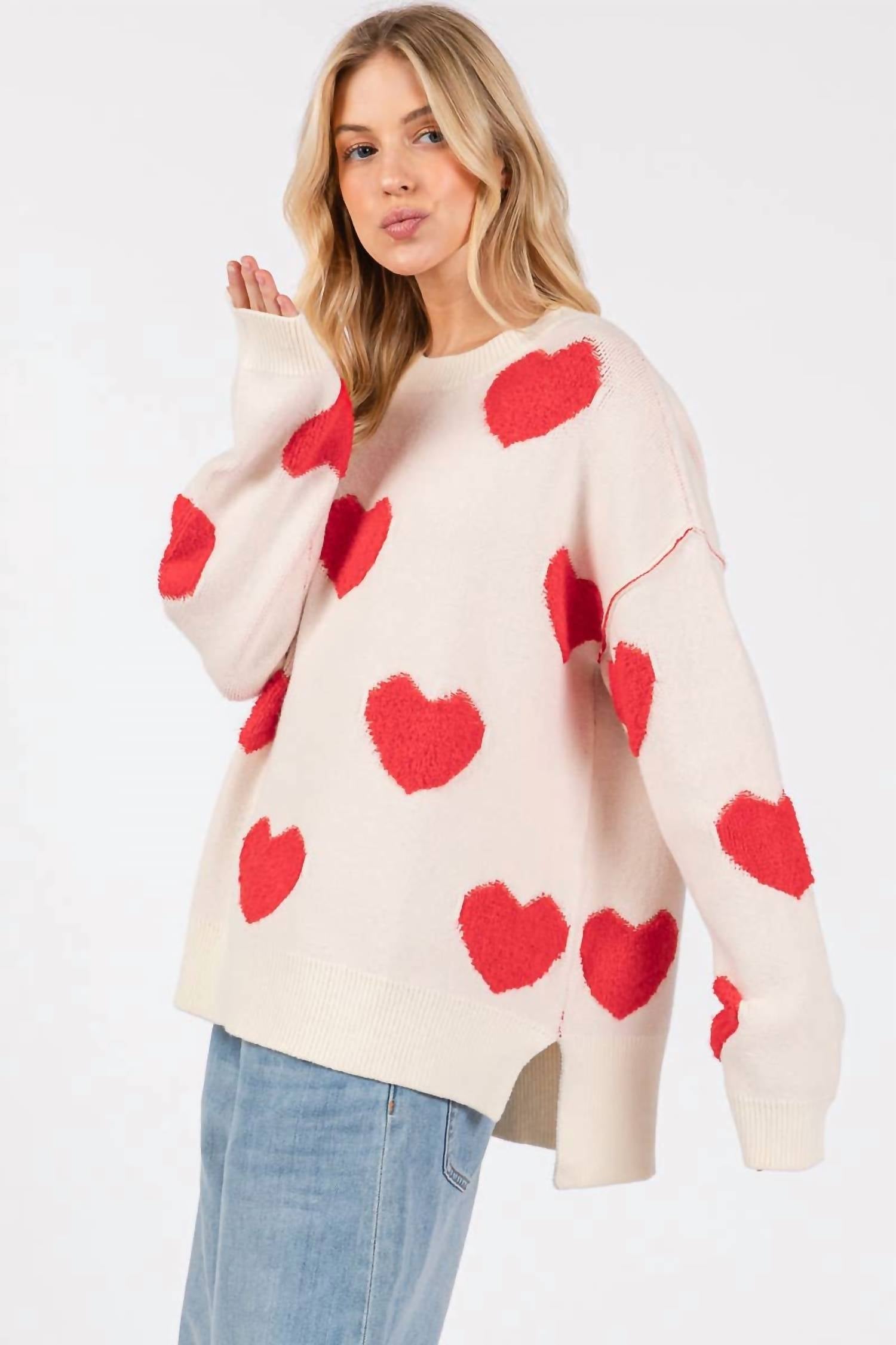 Sewn And Seen - Oversized Valentine Side Slit Heart Sweater