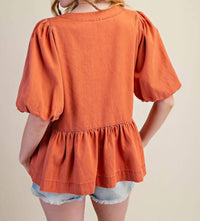 Easel - Bow Front Denim Peplum Blouse