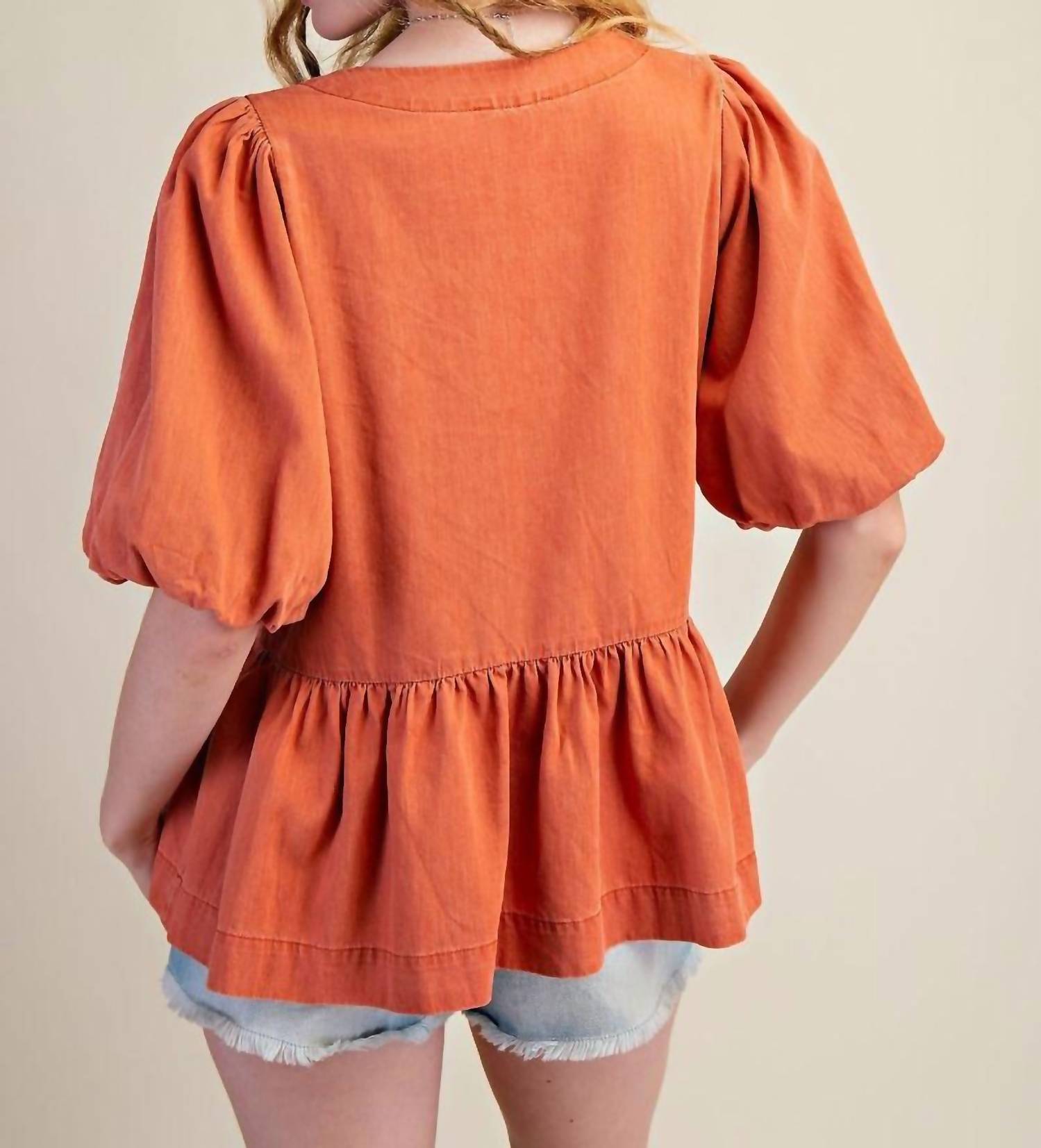 Easel - Bow Front Denim Peplum Blouse