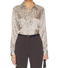 L'Agence Tyler Long Sleeve Blouse in grey multi patch leopard - women's blouse