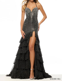 Sherri Hill Tiered Ruffle Skirt Hot Fix Dress in black silver - women's dress - detail view