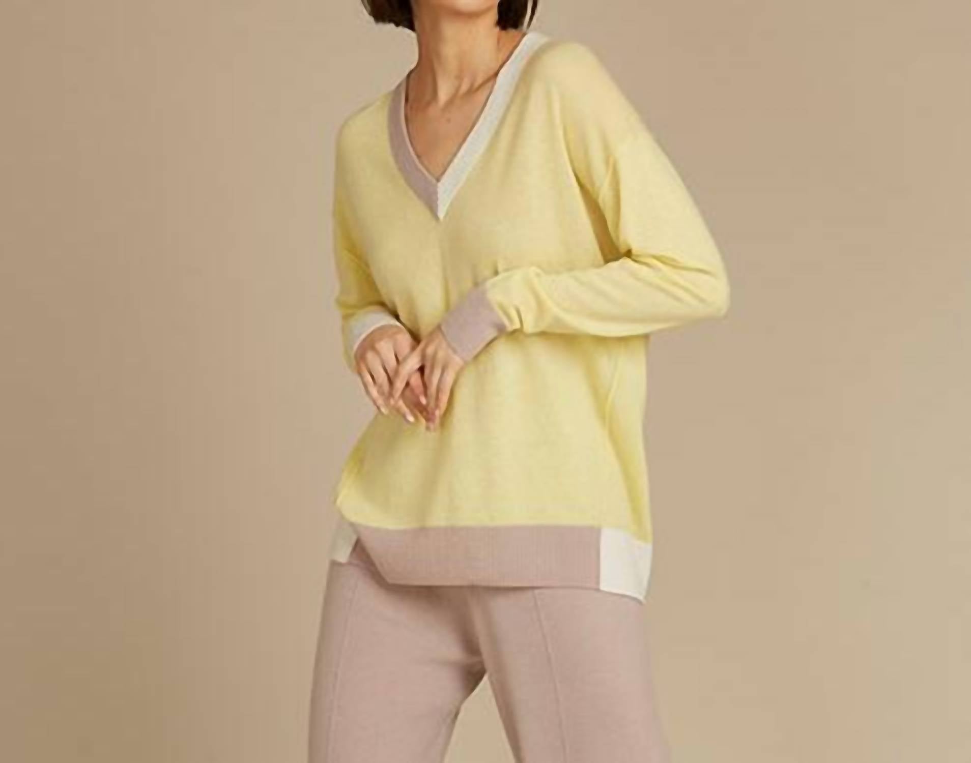 Autumn Cashmere Color Block V Sweater in banana combo - women's sweater - detail view