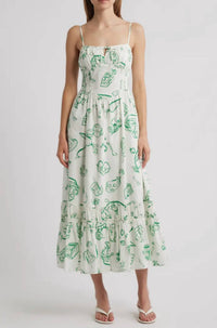 Moon River - Doodle Line Print Smocked Waist Midi Dress