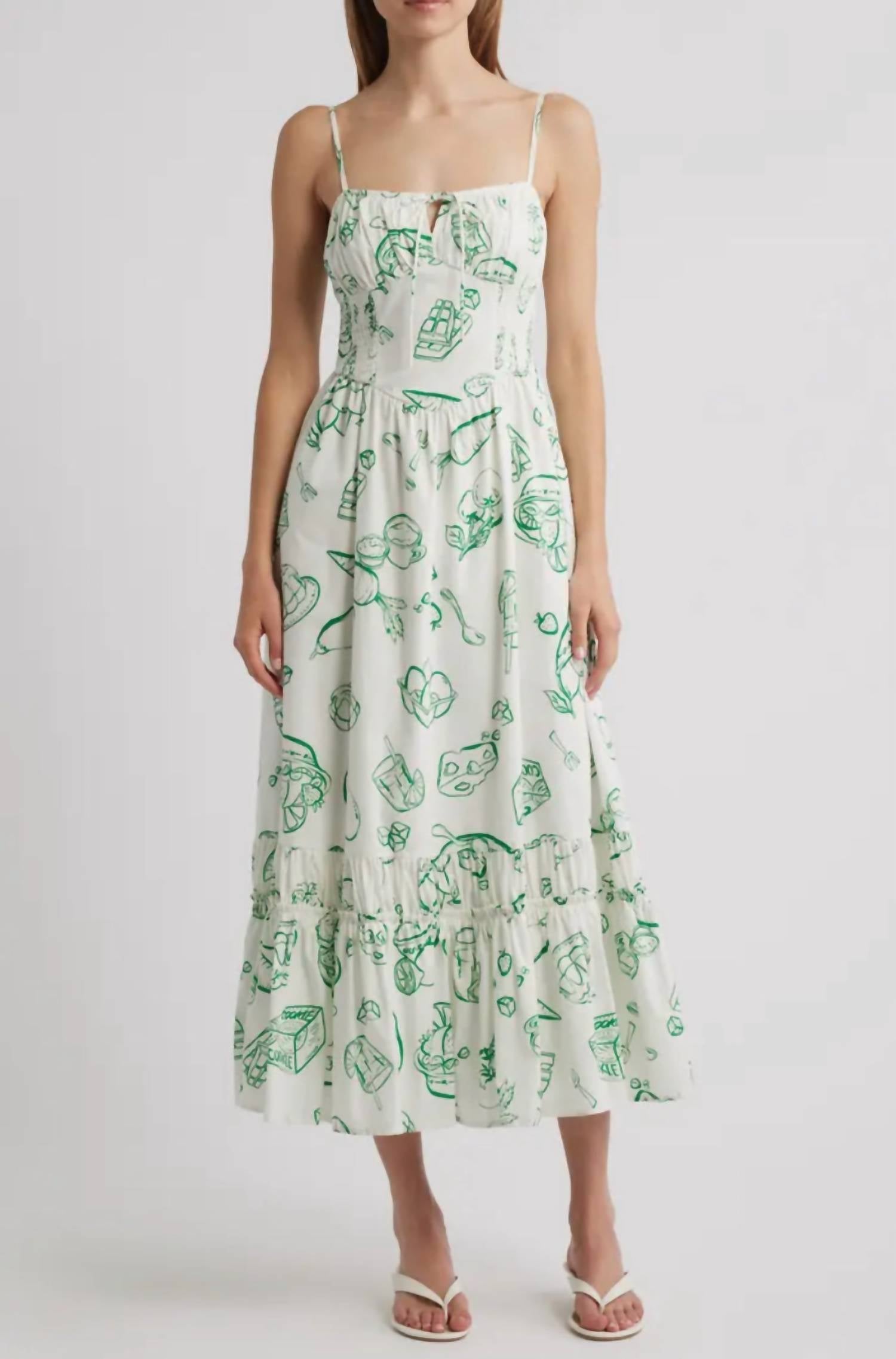 Moon River - Doodle Line Print Smocked Waist Midi Dress