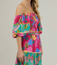 SUGARLIPS Marina Tropical Smocked Crop Top in fuchsia - women's shirt - alternate view