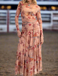 Easel Western Printed Mesh Swing Maxi Skirt in camel - women's skirt - view 4