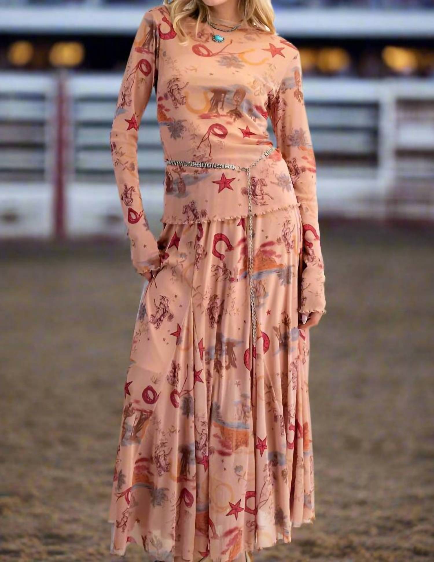 Easel Western Printed Mesh Swing Maxi Skirt in camel - women's skirt - view 4