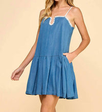 TCEC Spaghetti Strap Mini Dress in denim blue - women's dress - detail view