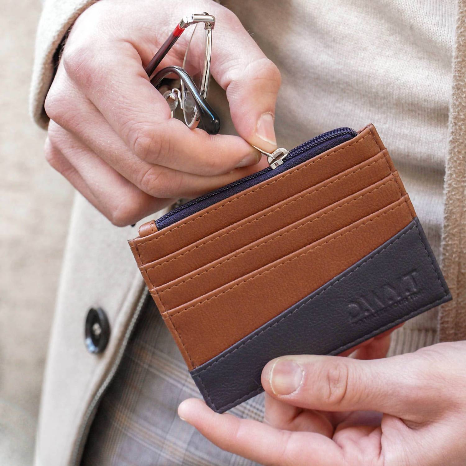 D.W.Y.T. Men's Le Vitamine Card Holder in brown blue - men's accessory - detail view