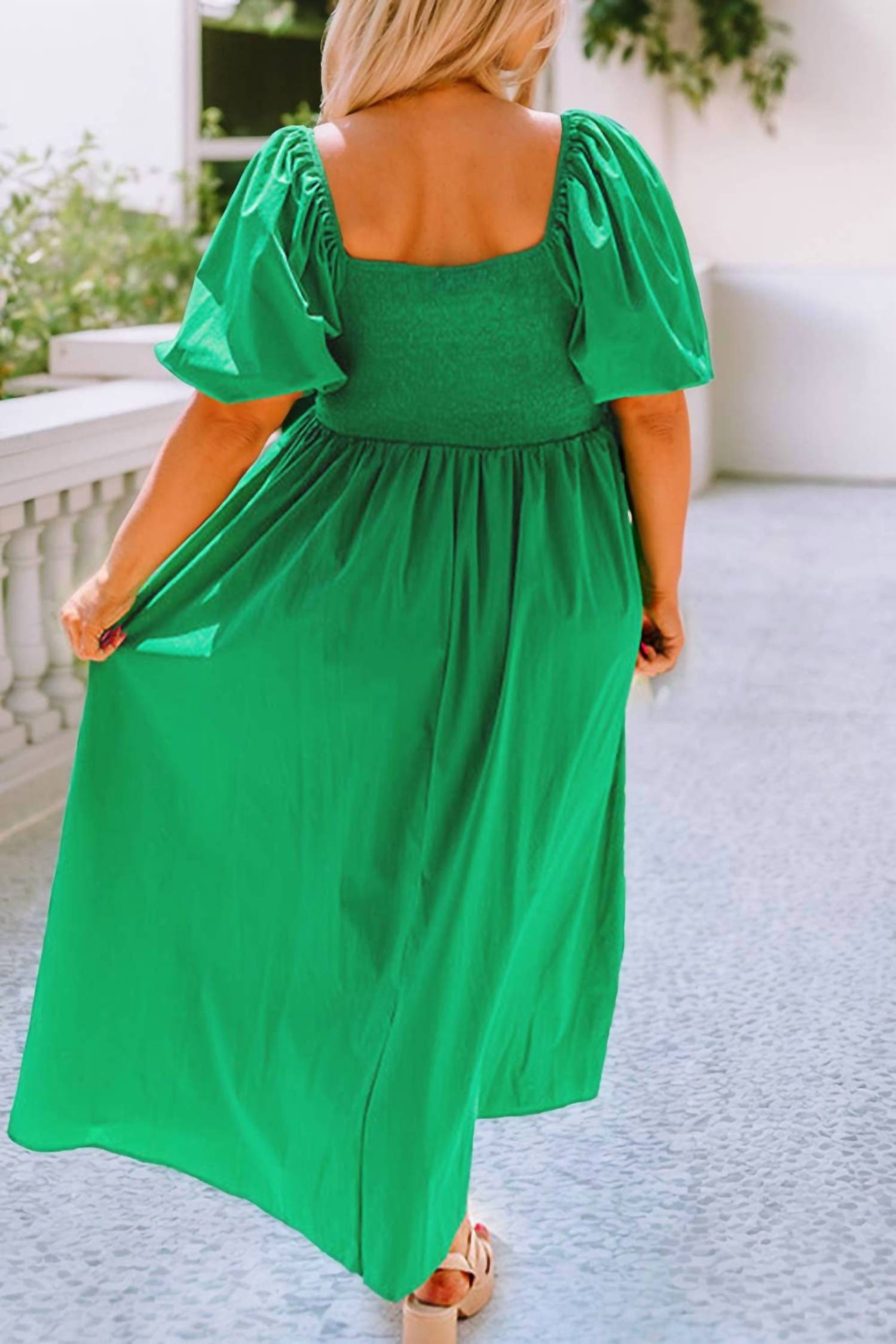 Little Daisy Closet - Women's Madison Ruched Front Puff Sleeve Plus Size Long Dress