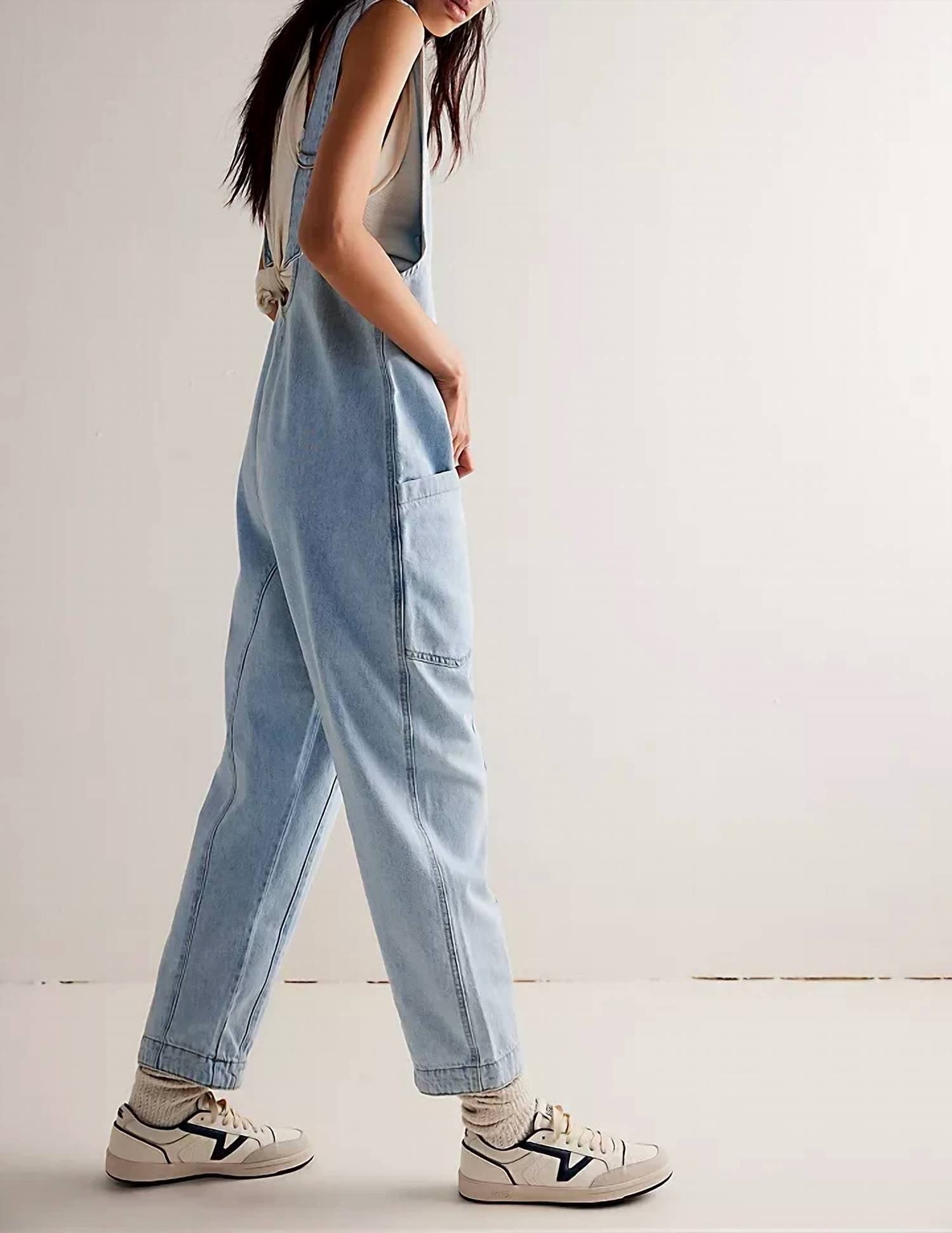Sweetkama - Denim Adjustable Shoulder High Roller Jumpsuit