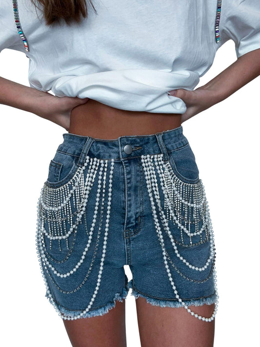 Annes Apparel - Wrap Me In Pearls Denim Shorts