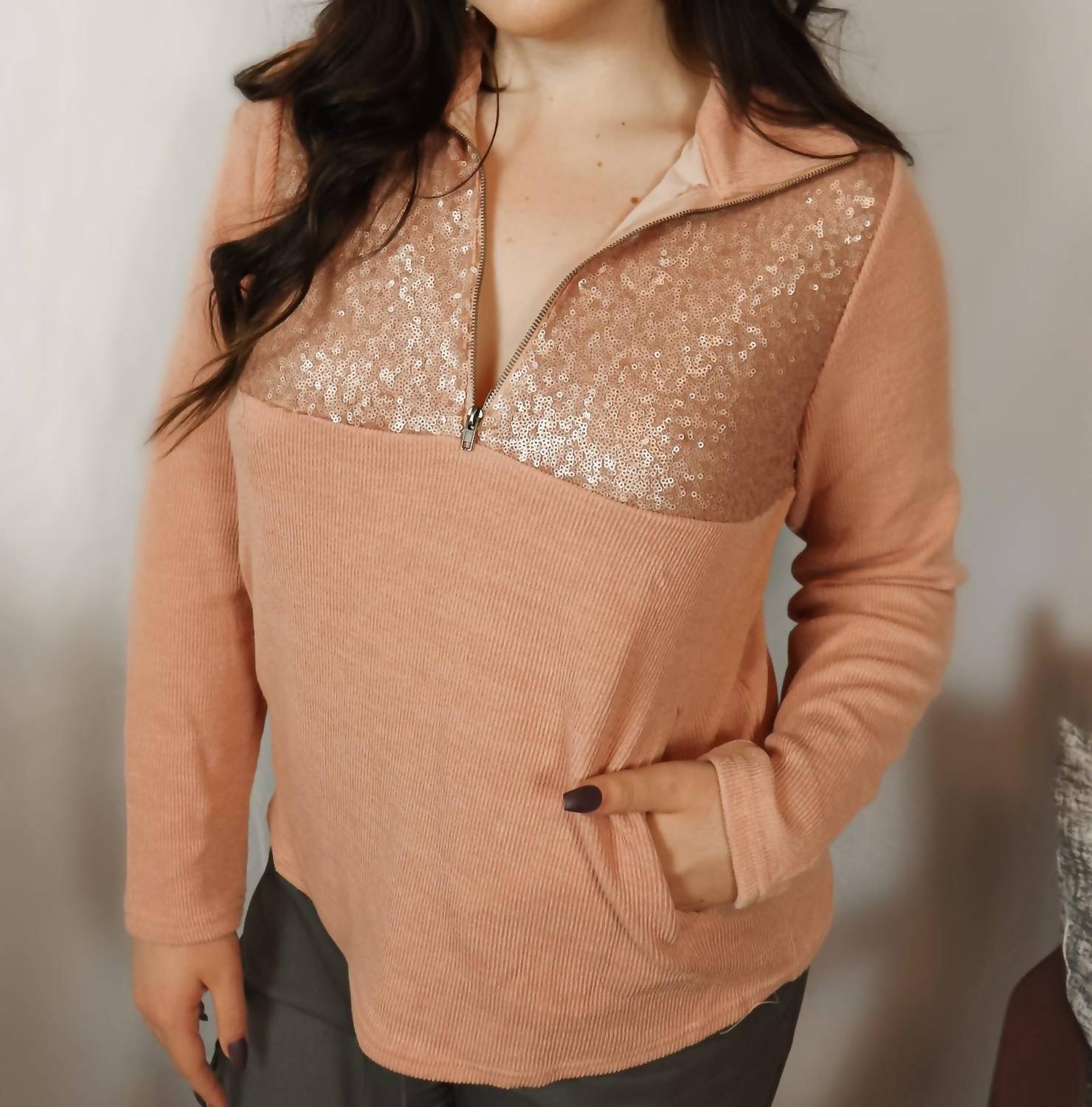 ANDREE BY UNIT Reese Sequin Pullover Sweatshirt in pink - women's top - detail view