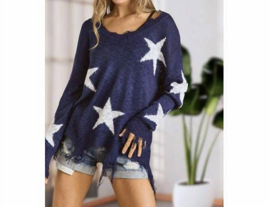 Adora - Star Print Distressed Lightweight Sweater