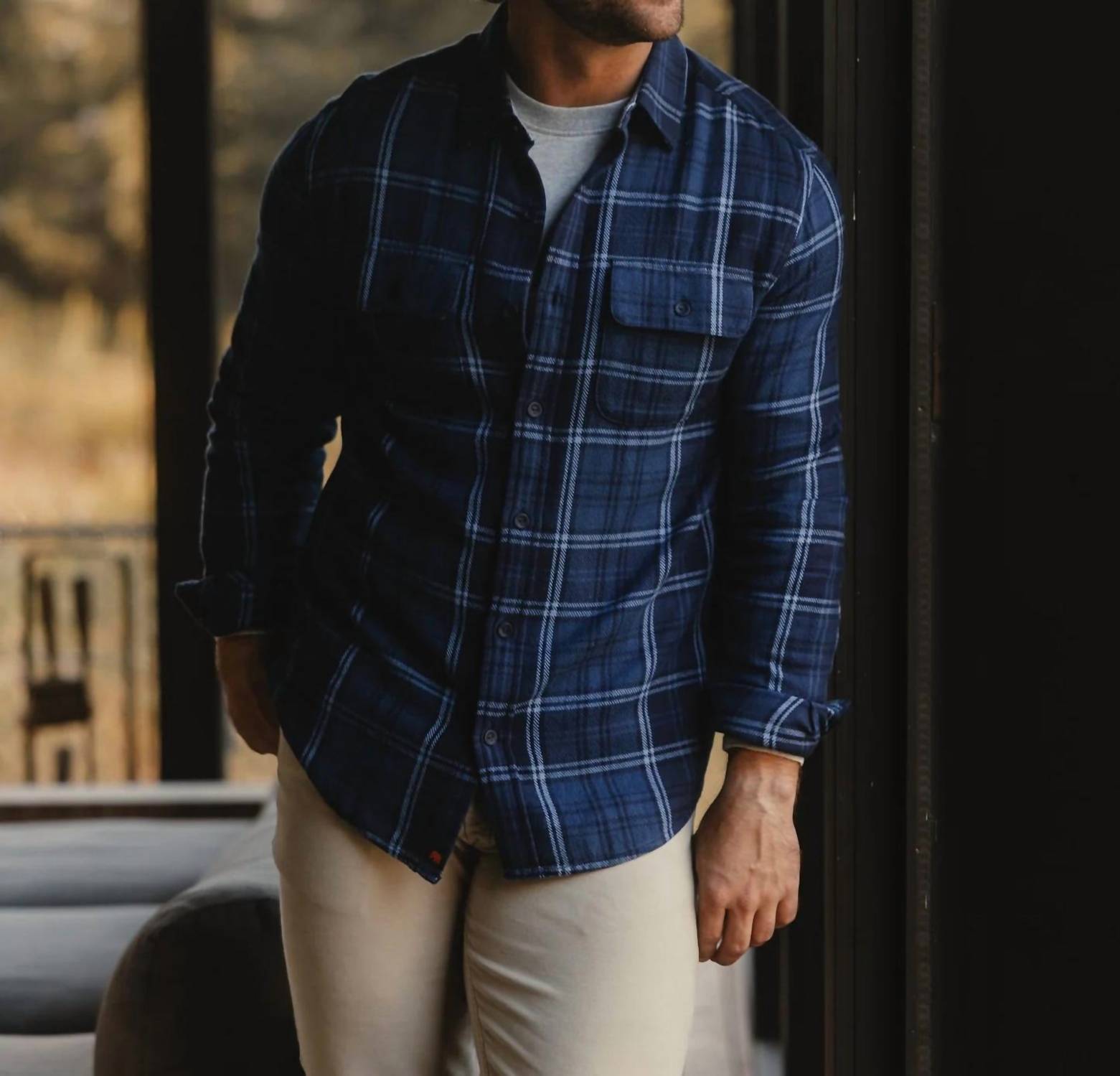 The Normal Brand Mountain Overshirt in indigo plaid - men's shirt - view 4