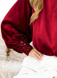 Vine & Love - Sequin Cuff Accent Boat Neck Satin Blouse
