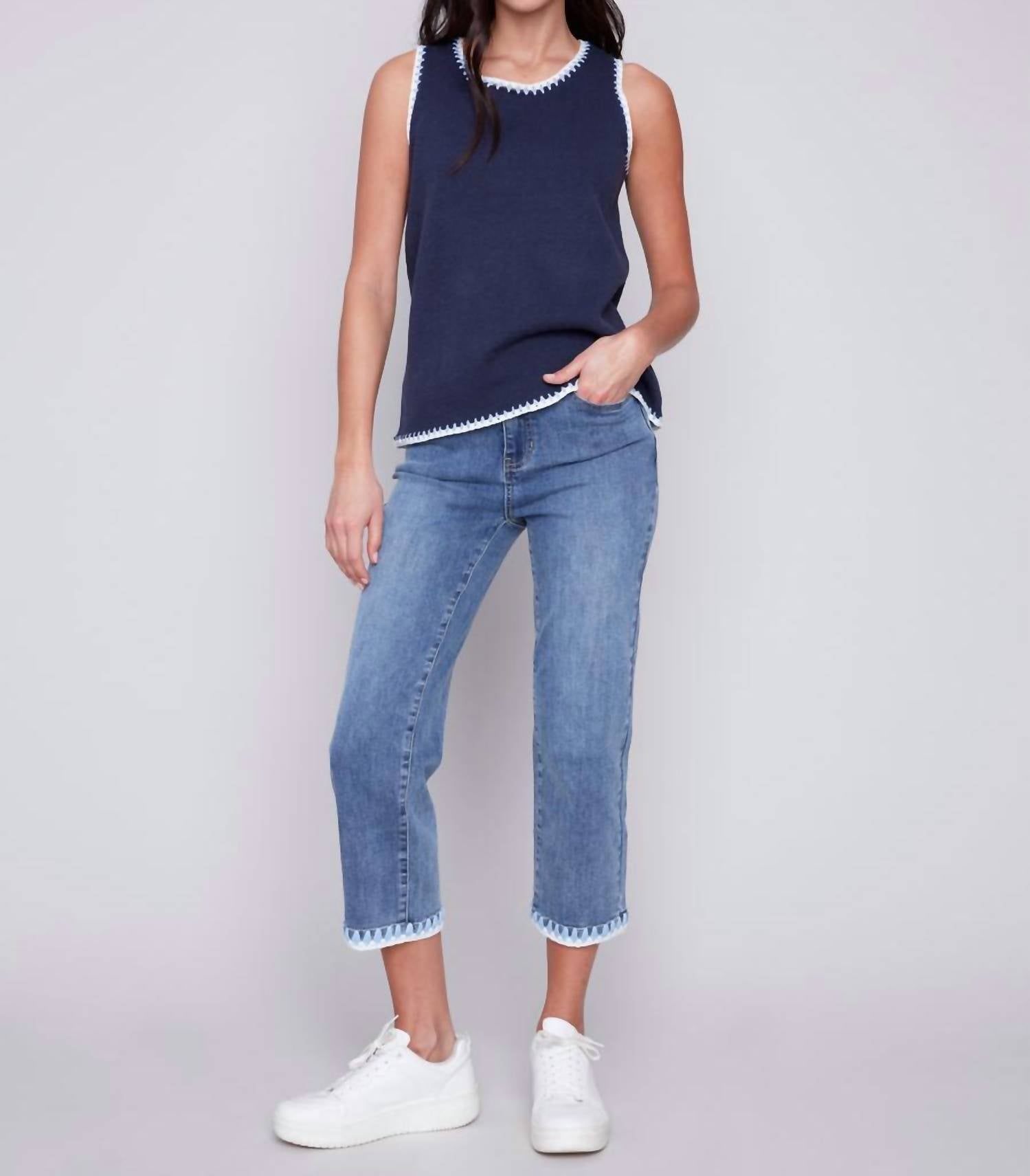 Charlie B - Crewneck Knitted Contrast Tank Top