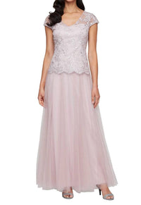Alex Evenings - Embroidered V-neck Gown With Tulle Skirt