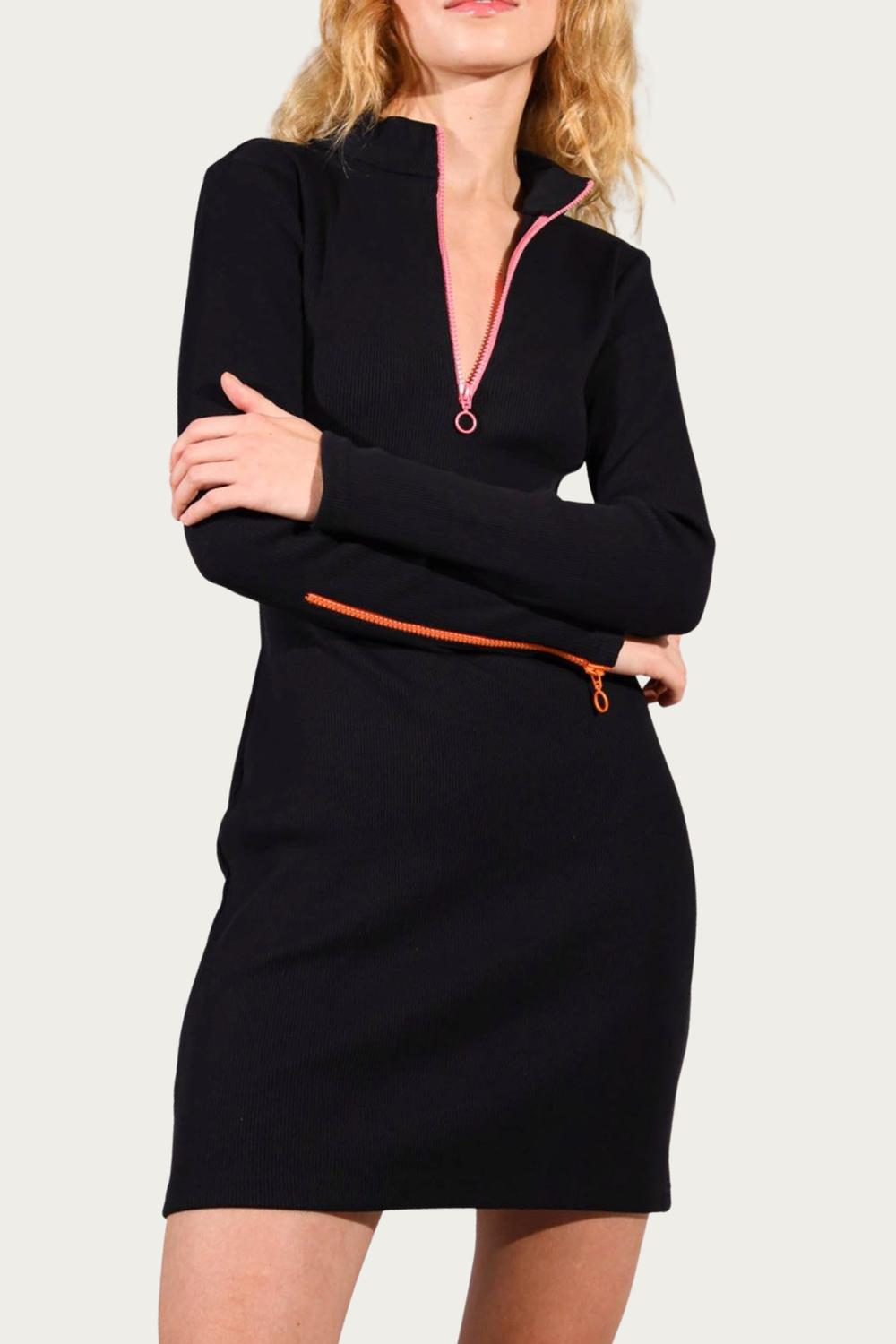 MULTICOLOR ZIPPER RIBBED-KNIT MOCK NECK MINI DRESS
