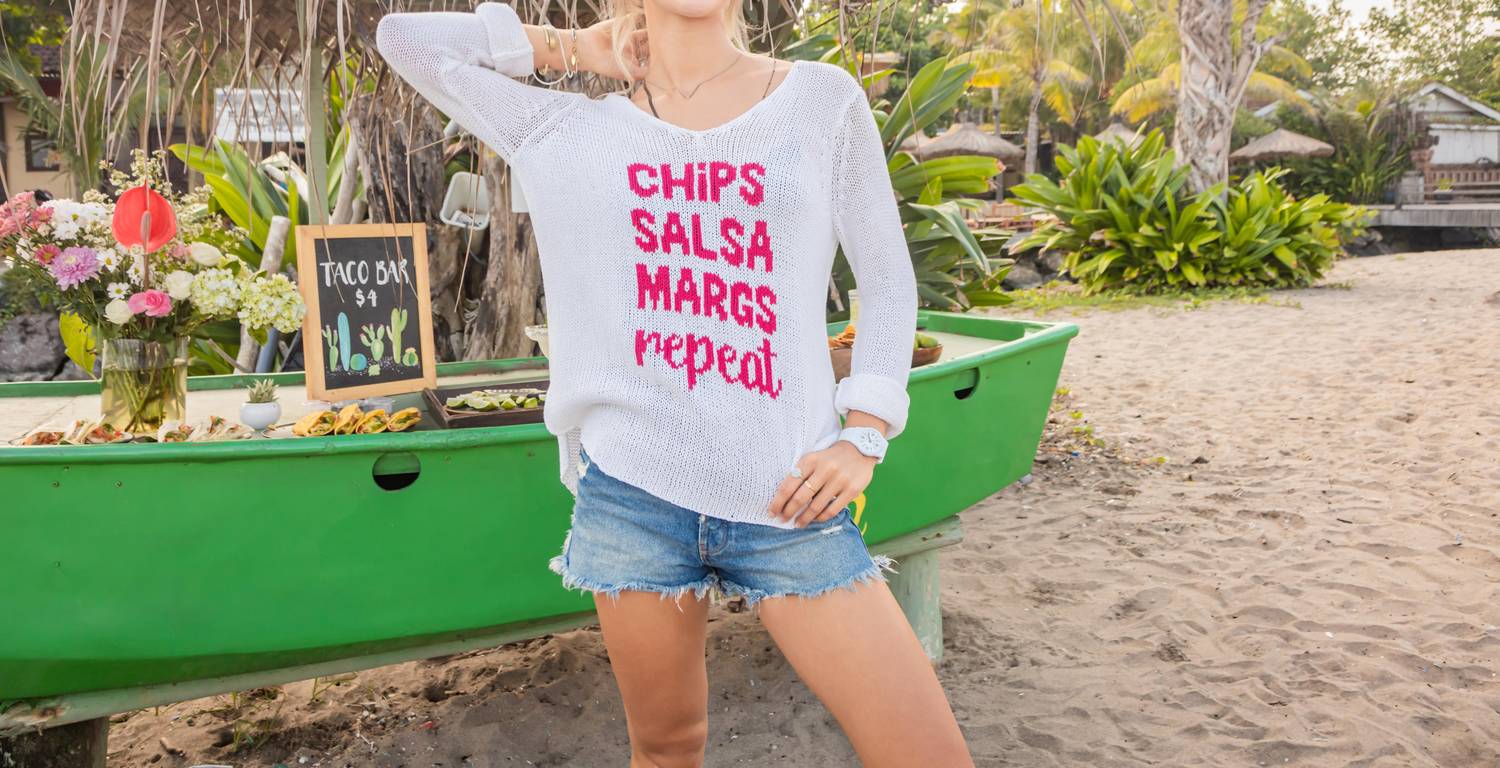 Wooden Ships Chips Salsa Margs Repeat Crew Top in white rose - women's long sleeve top