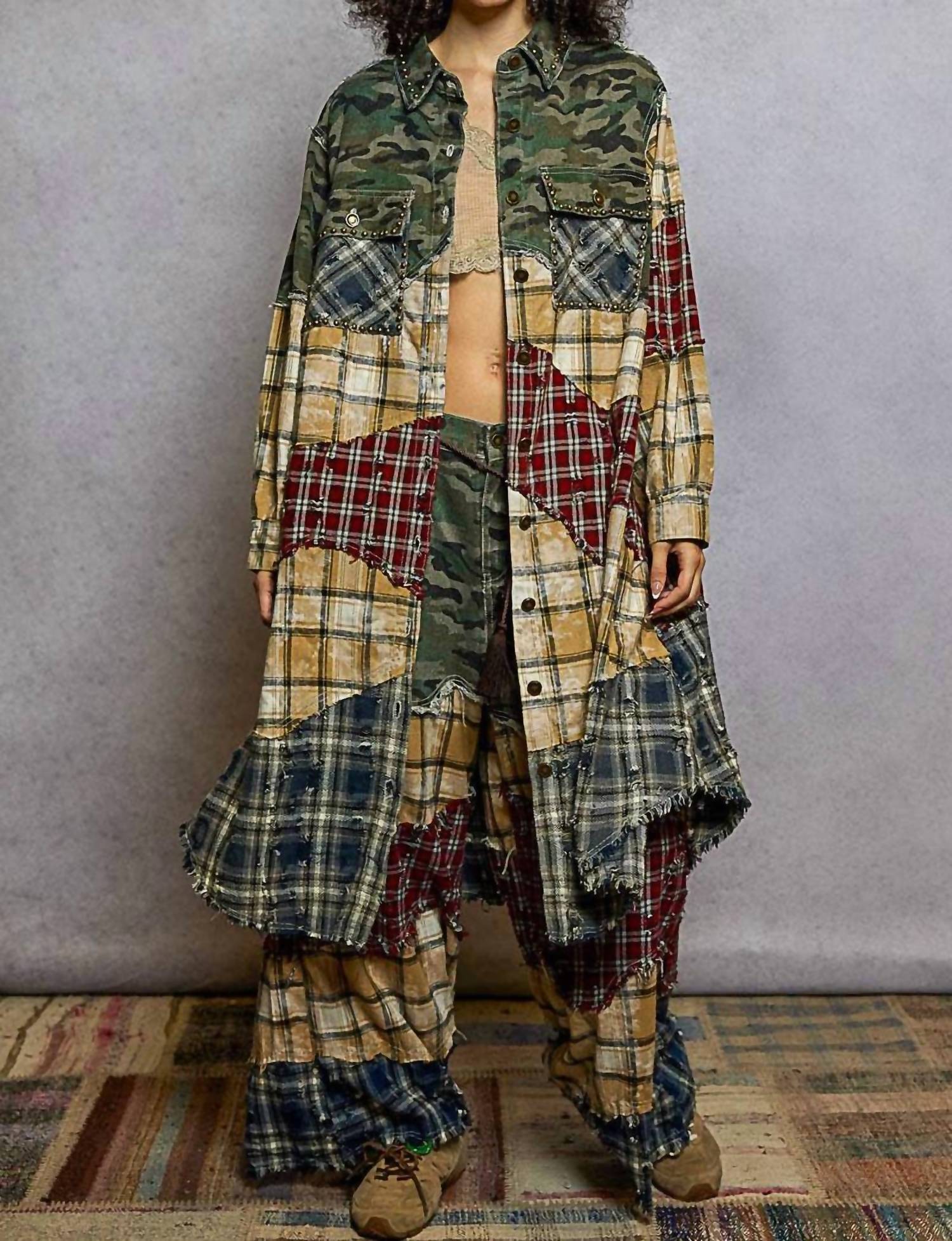 Pol - Plaid Woven Varied Patchwork Maxi Shirt Jacket