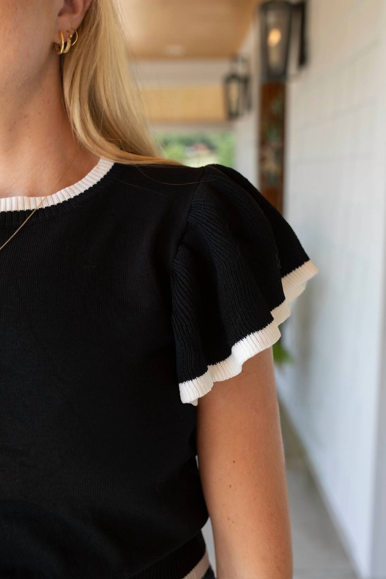mittoshop Refined Ruffle Crew Neck Top in black - women's blouse - detail view