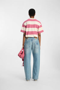 MUNTHE Organic Cotton Stripe Polo Shirt in berry multi - women's blouse - detail view